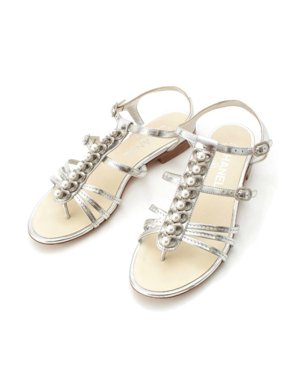 Chanel Heart Pearl Strap Sandals Silver